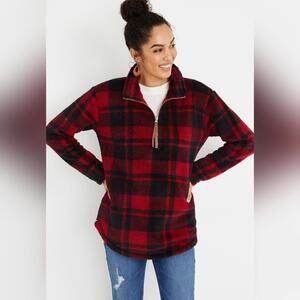 NWT Maurices Red Buffalo Plaid Quarter Zip Sherpa Pullover Sweatshirt, Small
